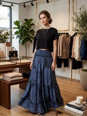 Boho Maxi Skirt in Navy Paisley